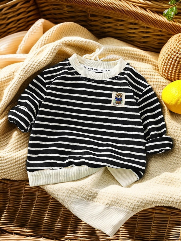 Dječja majica s dugim rukavima, unisex, pamuk-elastan smjesa, prugasta, korejskog stila, proljeće 2024