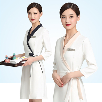 Unisex kosmētikas salona uniformas komplekts ar vidēja garuma piedurknēm, Chenille audums, 50–70% elastāns, 5/4 bikses, kažokādas apkakle