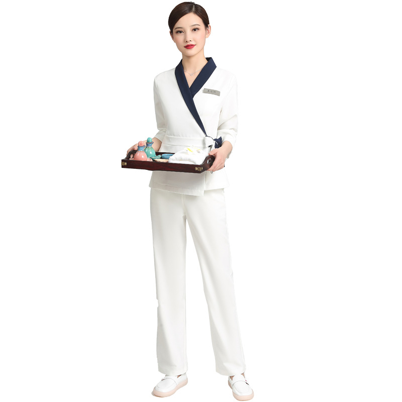 Unisex kosmētikas salona uniformas komplekts ar vidēja garuma piedurknēm, Chenille audums, 50–70% elastāns, 5/4 bikses, kažokādas apkakle