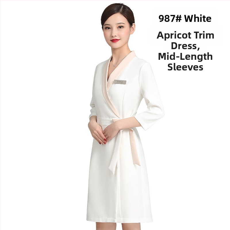 Unisex kosmētikas salona uniformas komplekts ar vidēja garuma piedurknēm, Chenille audums, 50–70% elastāns, 5/4 bikses, kažokādas apkakle