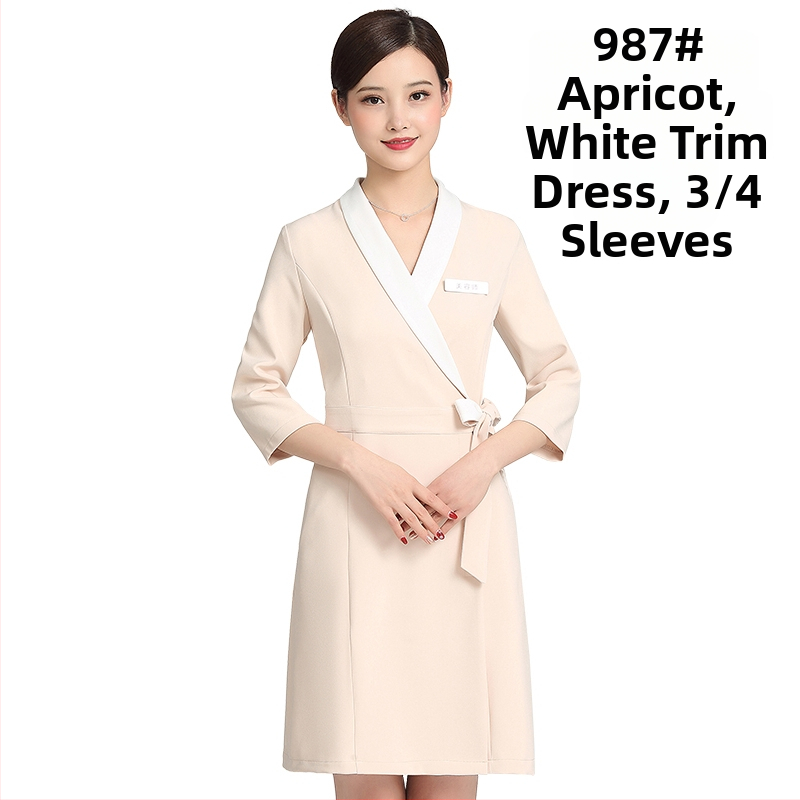 Unisex kosmētikas salona uniformas komplekts ar vidēja garuma piedurknēm, Chenille audums, 50–70% elastāns, 5/4 bikses, kažokādas apkakle