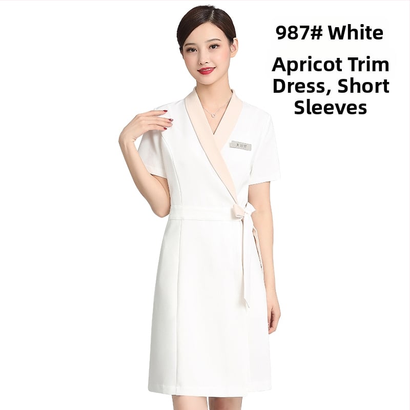 Unisex kosmētikas salona uniformas komplekts ar vidēja garuma piedurknēm, Chenille audums, 50–70% elastāns, 5/4 bikses, kažokādas apkakle