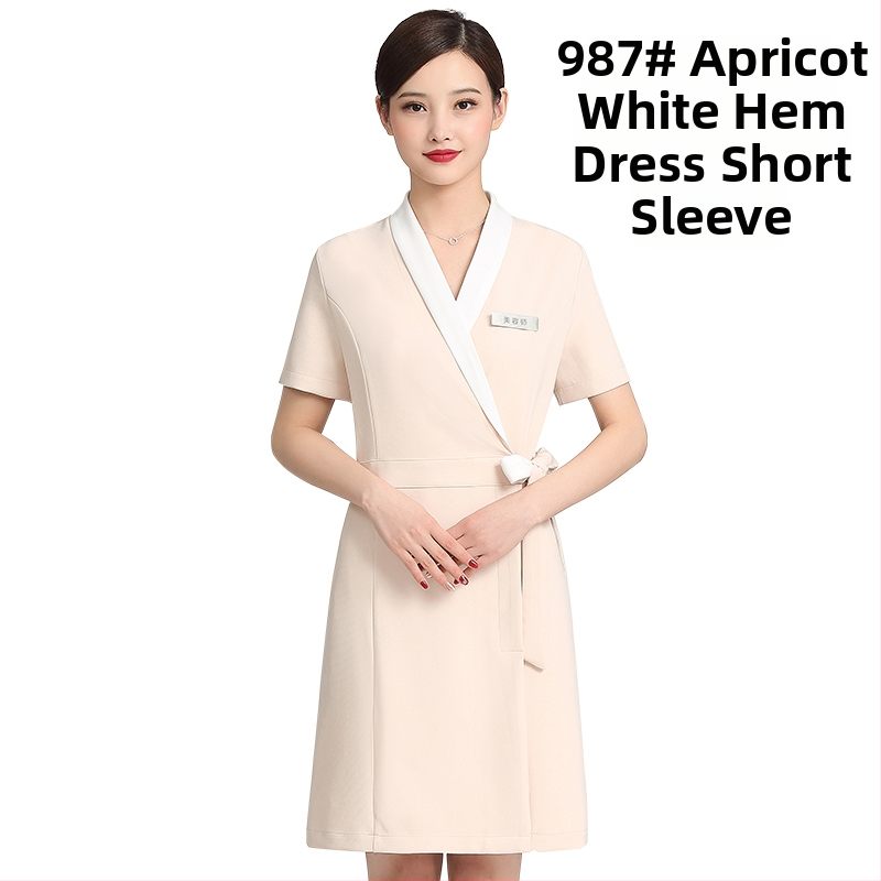 Unisex kosmētikas salona uniformas komplekts ar vidēja garuma piedurknēm, Chenille audums, 50–70% elastāns, 5/4 bikses, kažokādas apkakle