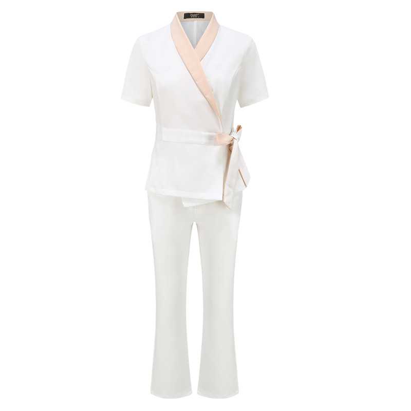 Unisex kosmētikas salona uniformas komplekts ar vidēja garuma piedurknēm, Chenille audums, 50–70% elastāns, 5/4 bikses, kažokādas apkakle