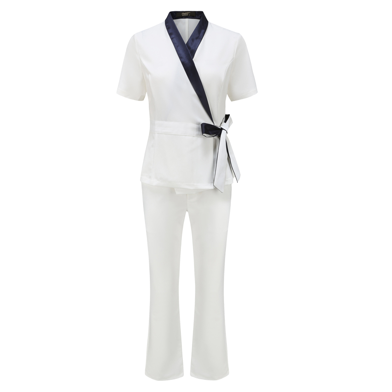 Unisex kosmētikas salona uniformas komplekts ar vidēja garuma piedurknēm, Chenille audums, 50–70% elastāns, 5/4 bikses, kažokādas apkakle