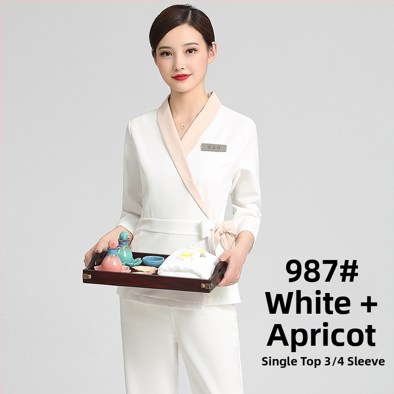 Unisex kosmētikas salona uniformas komplekts ar vidēja garuma piedurknēm, Chenille audums, 50–70% elastāns, 5/4 bikses, kažokādas apkakle