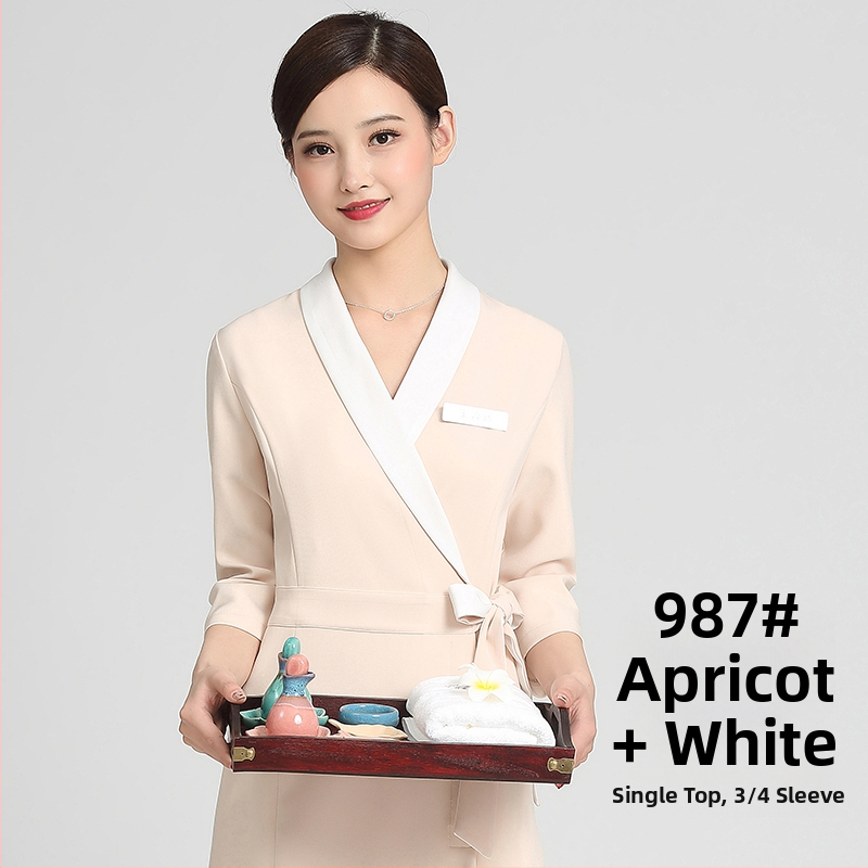 Unisex kosmētikas salona uniformas komplekts ar vidēja garuma piedurknēm, Chenille audums, 50–70% elastāns, 5/4 bikses, kažokādas apkakle