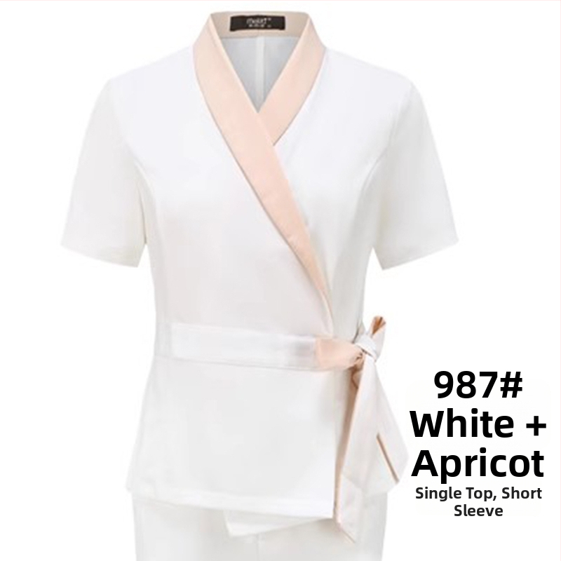 Unisex kosmētikas salona uniformas komplekts ar vidēja garuma piedurknēm, Chenille audums, 50–70% elastāns, 5/4 bikses, kažokādas apkakle