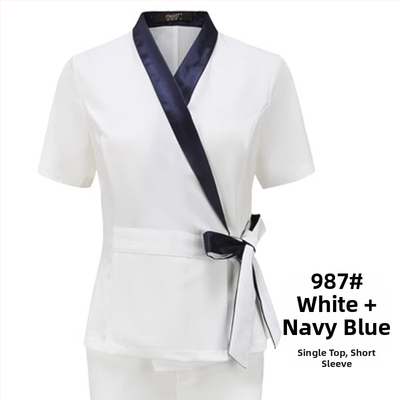 Unisex kosmētikas salona uniformas komplekts ar vidēja garuma piedurknēm, Chenille audums, 50–70% elastāns, 5/4 bikses, kažokādas apkakle