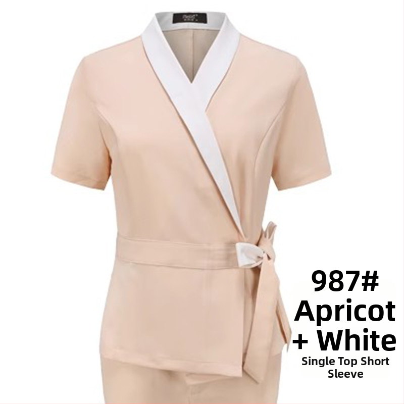 Unisex kosmētikas salona uniformas komplekts ar vidēja garuma piedurknēm, Chenille audums, 50–70% elastāns, 5/4 bikses, kažokādas apkakle