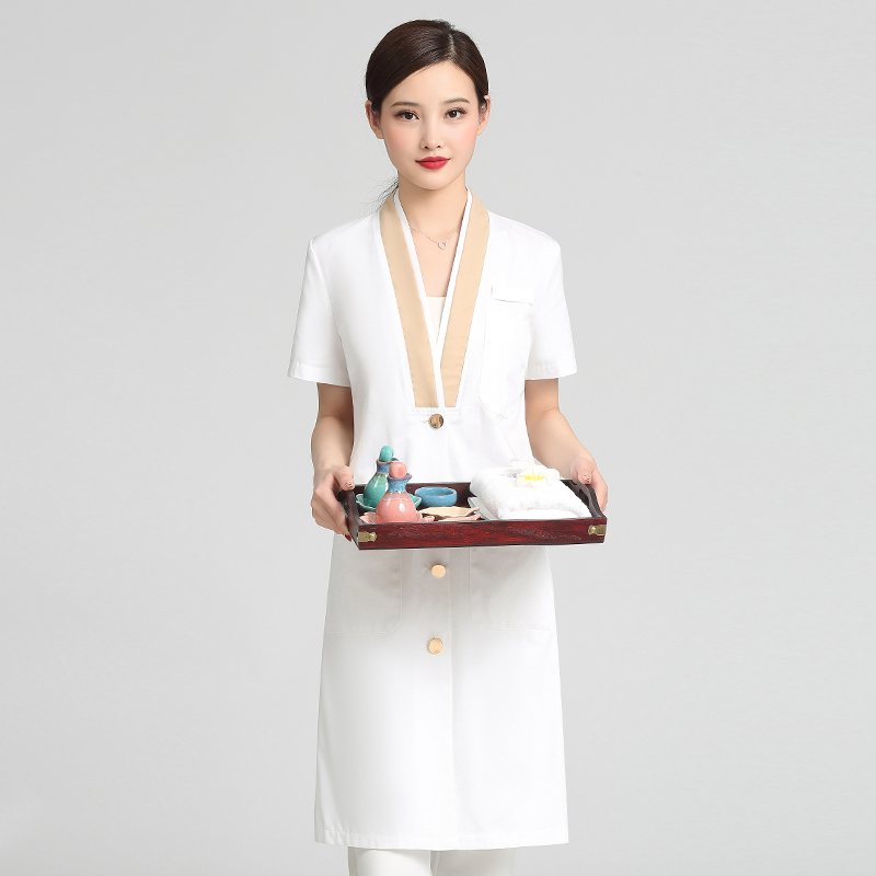 Unisex kosmētikas salona uniformas komplekts ar vidēja garuma piedurknēm, Chenille audums, 50–70% elastāns, 5/4 bikses, kažokādas apkakle