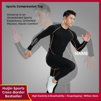 Vīriešu ātri žūstošs kompresijas treniņtērps ar pielāgotu logotipu — elastīgs audums (7% Spandex) — pamatā 93% poliesters — piemērots skriešanai, fitnesam, riteņbraukšanai — Sezona: ziema, pavasaris, rudens