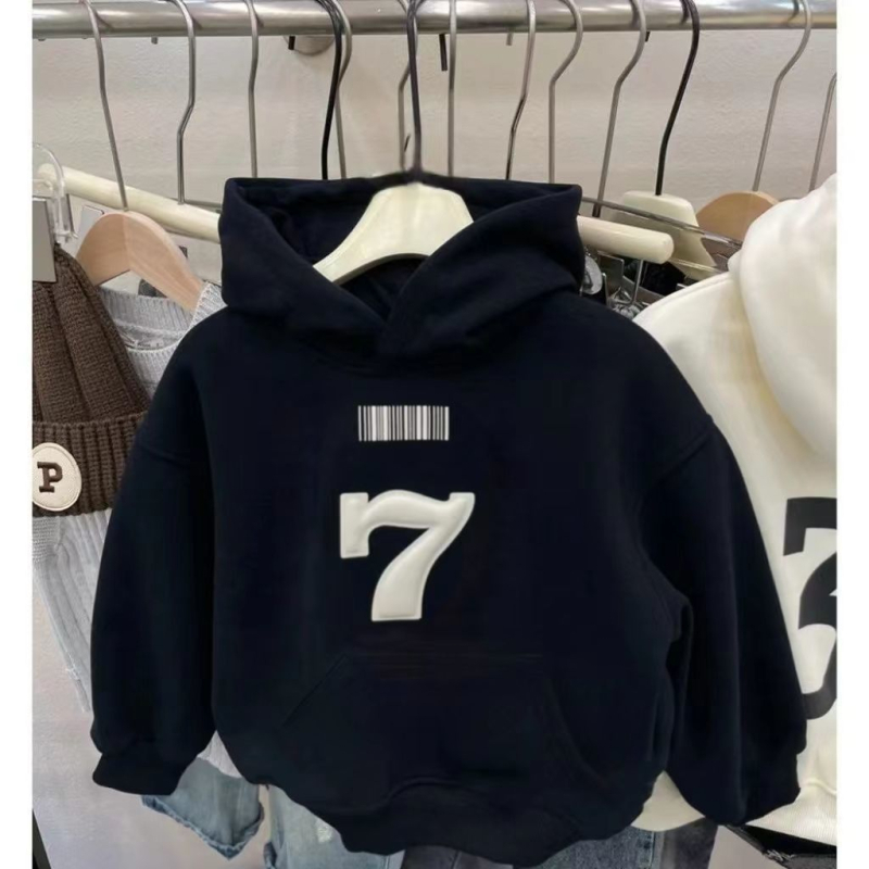 Dječji set flis hoodie u korejskom stilu za jesen-zimu, s printom na gornjem dijelu, debeli, 2-djelni set, uzrast 3–8 godina