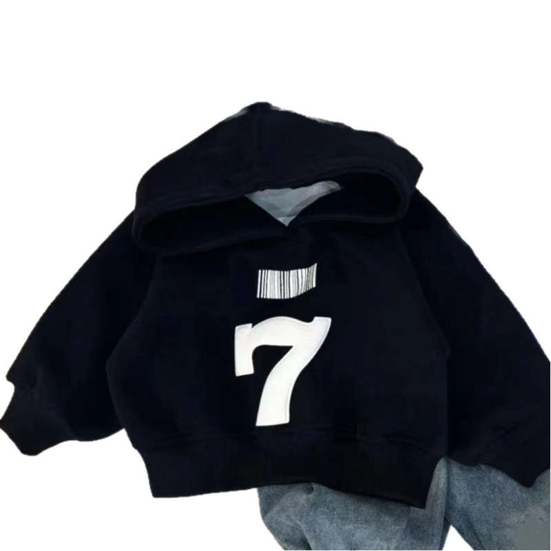 Dječji set flis hoodie u korejskom stilu za jesen-zimu, s printom na gornjem dijelu, debeli, 2-djelni set, uzrast 3–8 godina