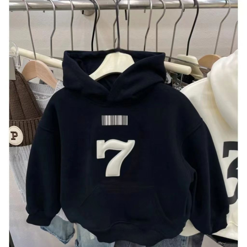 Dječji set flis hoodie u korejskom stilu za jesen-zimu, s printom na gornjem dijelu, debeli, 2-djelni set, uzrast 3–8 godina