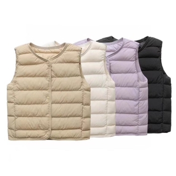 Bērnu pūka veste iekšējai lietošanai, bez apkakles, ultra plāna un silta, pildījums 90% balta pīļu pūka, neilona ārējais materiāls, bez piedurknēm, īss griezums, vecums 3–8 gadi