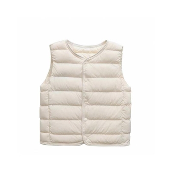 Bērnu pūka veste iekšējai lietošanai, bez apkakles, ultra plāna un silta, pildījums 90% balta pīļu pūka, neilona ārējais materiāls, bez piedurknēm, īss griezums, vecums 3–8 gadi