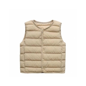 Bērnu pūka veste iekšējai lietošanai, bez apkakles, ultra plāna un silta, pildījums 90% balta pīļu pūka, neilona ārējais materiāls, bez piedurknēm, īss griezums, vecums 3–8 gadi