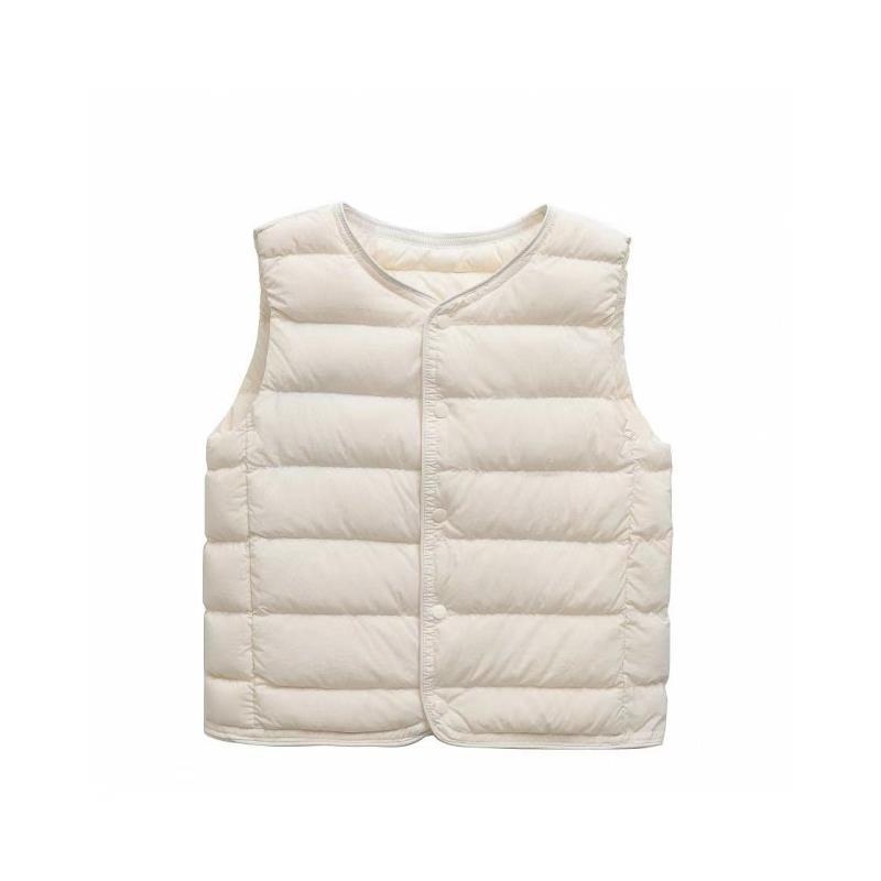 Bērnu pūka veste iekšējai lietošanai, bez apkakles, ultra plāna un silta, pildījums 90% balta pīļu pūka, neilona ārējais materiāls, bez piedurknēm, īss griezums, vecums 3–8 gadi