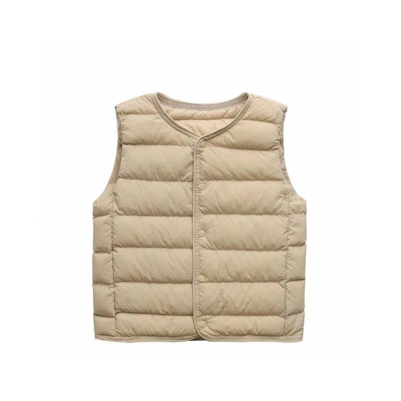 Bērnu pūka veste iekšējai lietošanai, bez apkakles, ultra plāna un silta, pildījums 90% balta pīļu pūka, neilona ārējais materiāls, bez piedurknēm, īss griezums, vecums 3–8 gadi