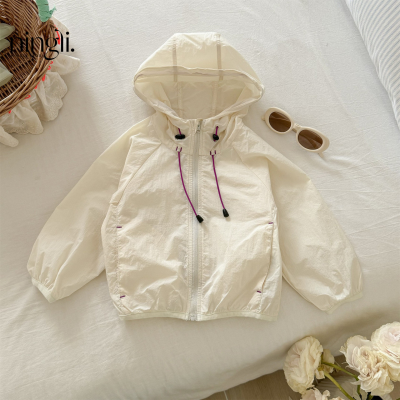 Laste UV-kaitse kapuutsiga jakk, kerge, 90% puuvillane segu, 110 g/m², kiire kuivatamine, 3–8 aastat