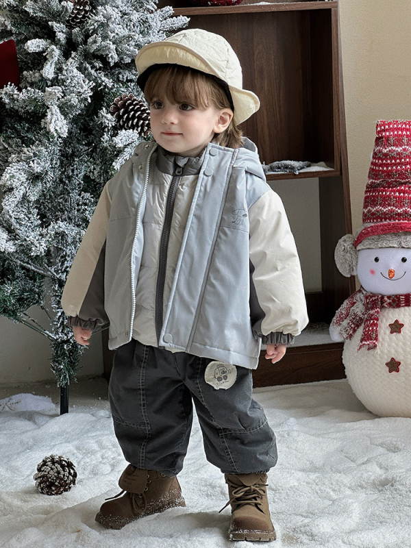Zēnu ziemas jaka ar karikatūras rakstu, kapuci, noņemamu pūka pildījuma odere, divu daļu komplekts, vecuma grupa 1–3 gadi