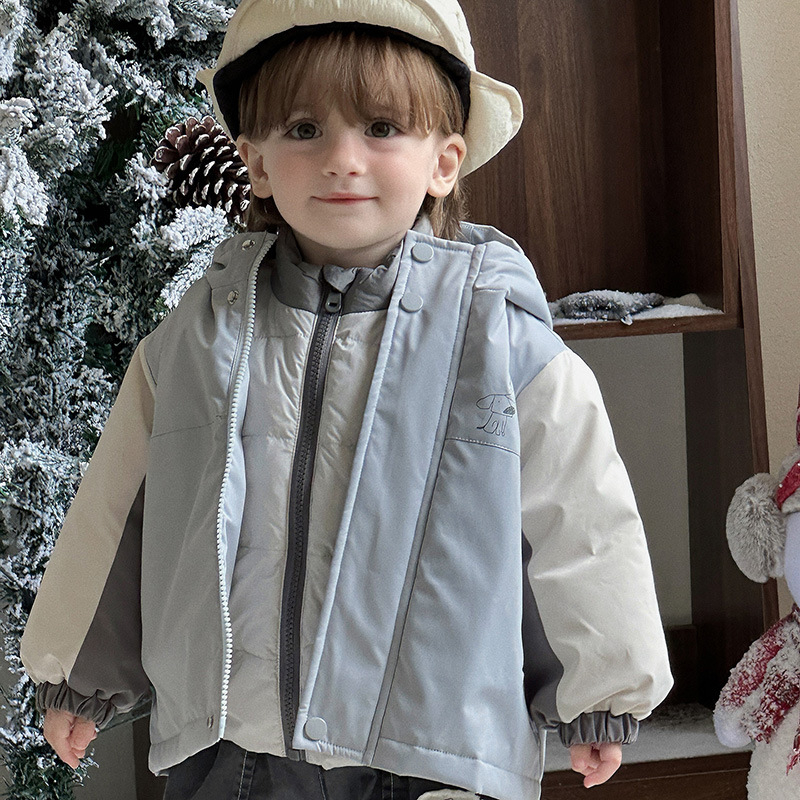 Zēnu ziemas jaka ar karikatūras rakstu, kapuci, noņemamu pūka pildījuma odere, divu daļu komplekts, vecuma grupa 1–3 gadi