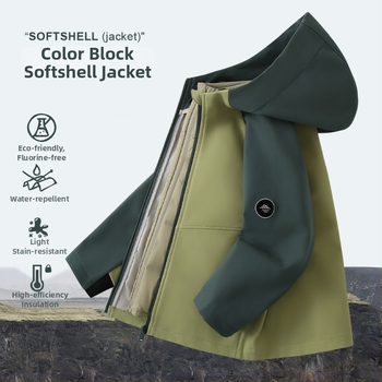 Bērnu softshell jaka, pretvēja, ar kapuci, 1500MM ūdensizturība, poliestera audums, vecuma grupa 7–12 gadi
