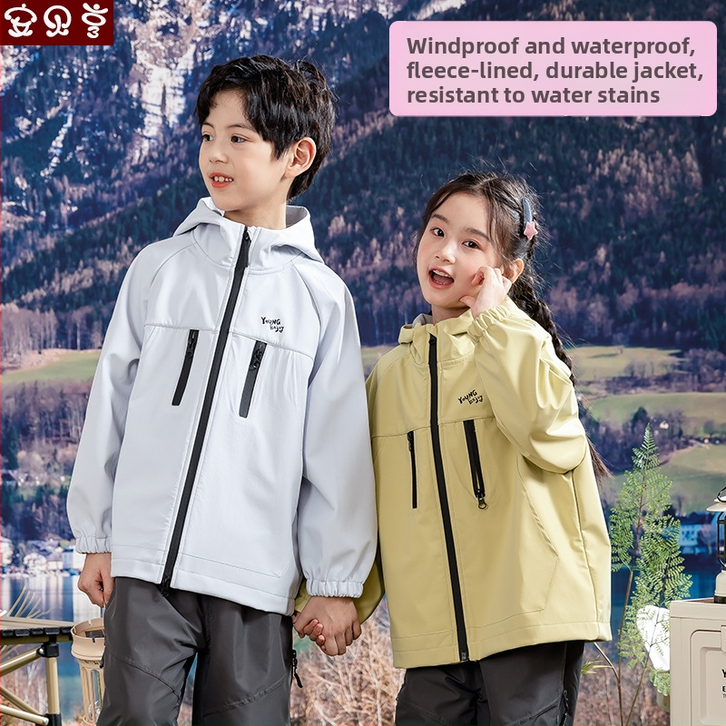 Bērnu ārējā jaka ar kapuci: ūdensizturība 5000 mm, pretvēja, 100% poliesters, oderes poliesters, vecuma grupa 7–12 gadi