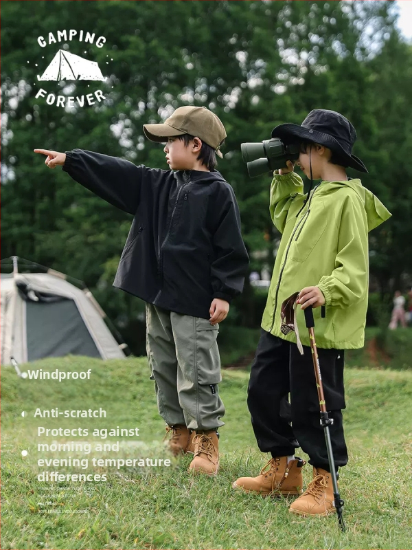 Bērnu ārējā ūdensnecaurlaidīgā kapucētā jaka, elpojoša, 5000mm, 100% poliesters, brīvā piegriezuma