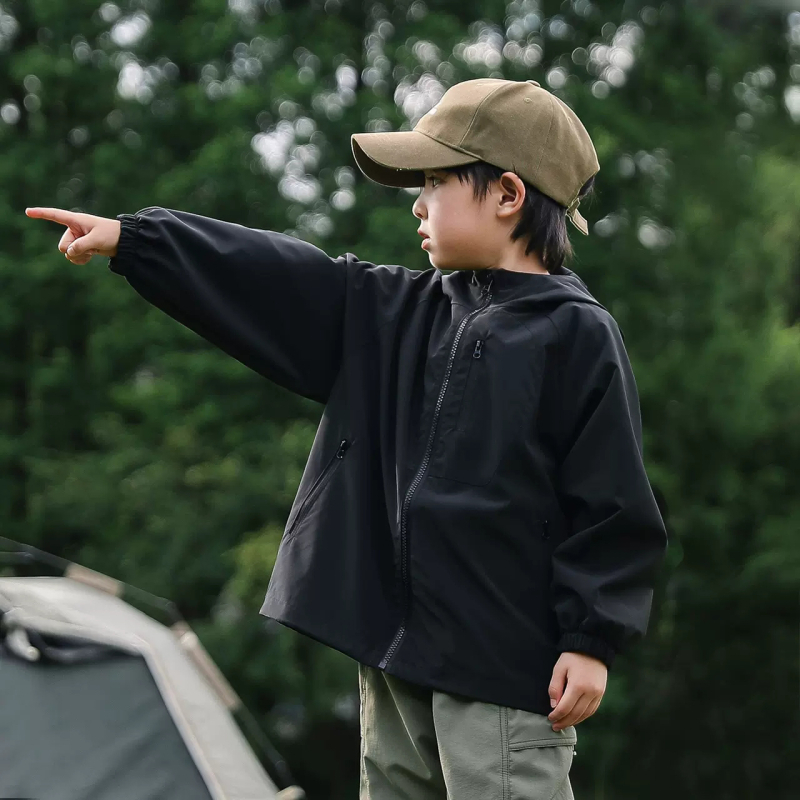 Bērnu ārējā ūdensnecaurlaidīgā kapucētā jaka, elpojoša, 5000mm, 100% poliesters, brīvā piegriezuma