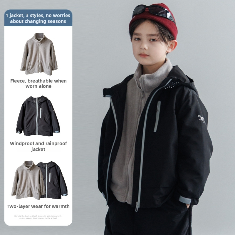 Bērnu 3-1 jaka ar flisa iekšpusi, noņemams divdaļīgs komplekts, ūdensizturīgs 5000mm, vēja izturīgs ar kapuci, 7–12 gadi, rudens 2025