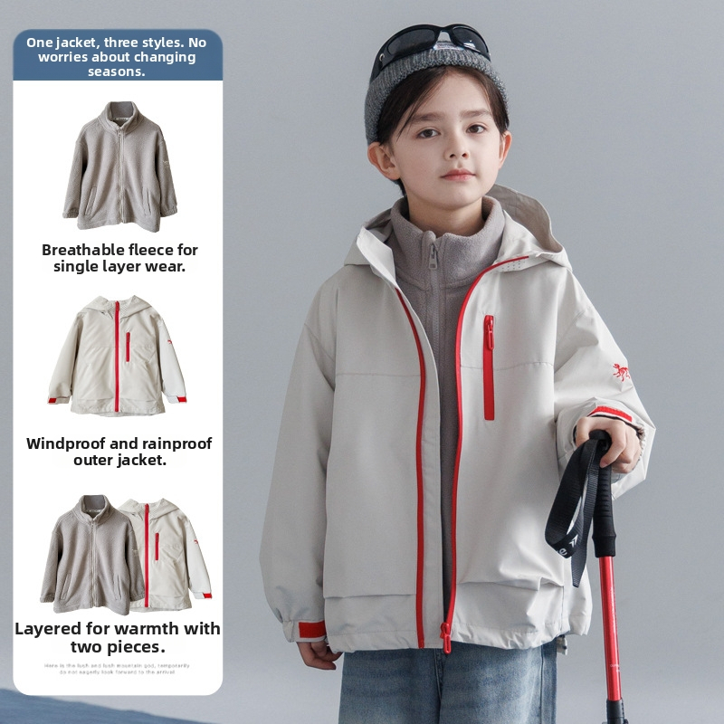 Bērnu 3-1 jaka ar flisa iekšpusi, noņemams divdaļīgs komplekts, ūdensizturīgs 5000mm, vēja izturīgs ar kapuci, 7–12 gadi, rudens 2025