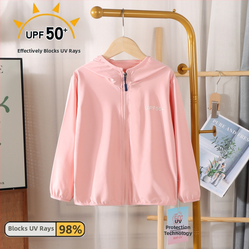 Bērnu UV aizsargājoša kapucēta vasaras jaka (Galvenais materiāls: poliesters 95%; Auduma sastāvs: ķīmisko šķiedru maisījums; Oderes: Nylon F; Svars: 200 g; Vecuma grupai: 7–12 gadi)