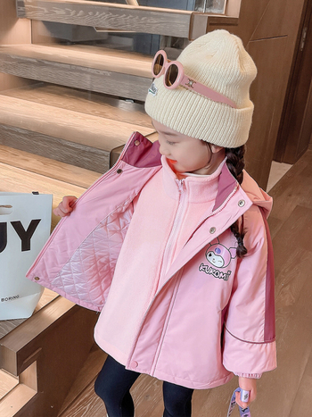 Divdaļīgs meiteņu jakas komplekts ar karikatūras rakstu, ar kapuci, fleece oderi, ūdensnecaurlaidīgs 1500mm, vecuma grupai 7–12 gadi