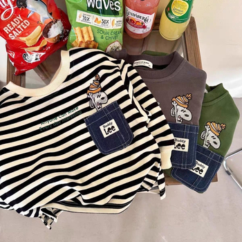 Детски суитшърт с карикатурен принт и райета, джоб, унисекс, 50/50 памук-полиестер, дълги ръкави