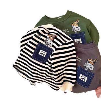 Детски суитшърт с карикатурен принт и райета, джоб, унисекс, 50/50 памук-полиестер, дълги ръкави