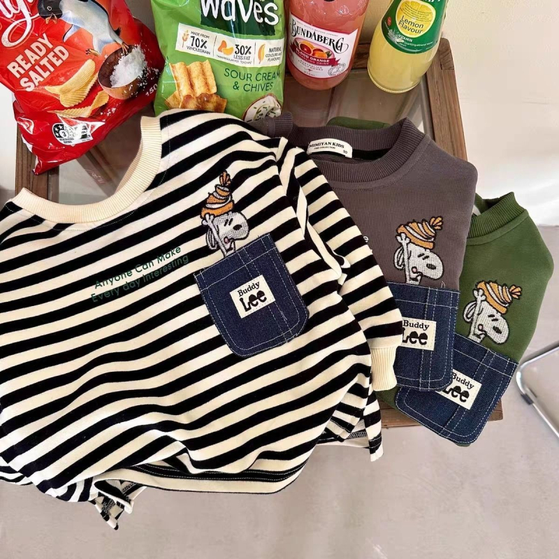 Детски суитшърт с карикатурен принт и райета, джоб, унисекс, 50/50 памук-полиестер, дълги ръкави