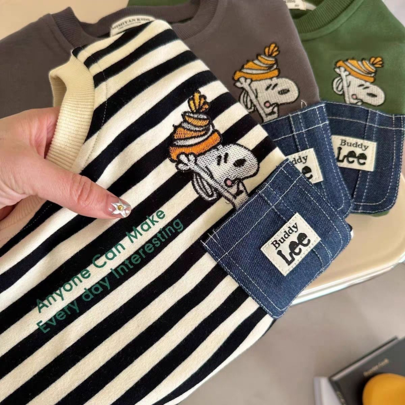 Детски суитшърт с карикатурен принт и райета, джоб, унисекс, 50/50 памук-полиестер, дълги ръкави