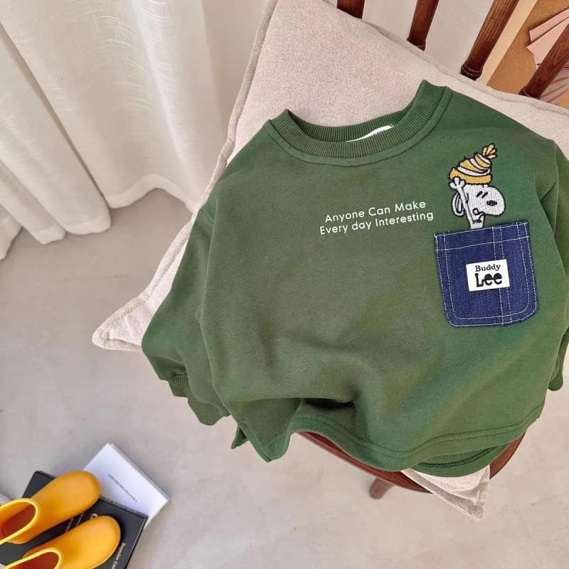 Детски суитшърт с карикатурен принт и райета, джоб, унисекс, 50/50 памук-полиестер, дълги ръкави