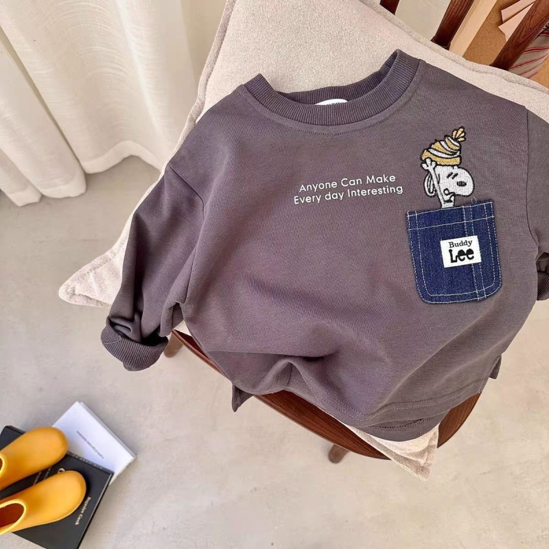 Детски суитшърт с карикатурен принт и райета, джоб, унисекс, 50/50 памук-полиестер, дълги ръкави