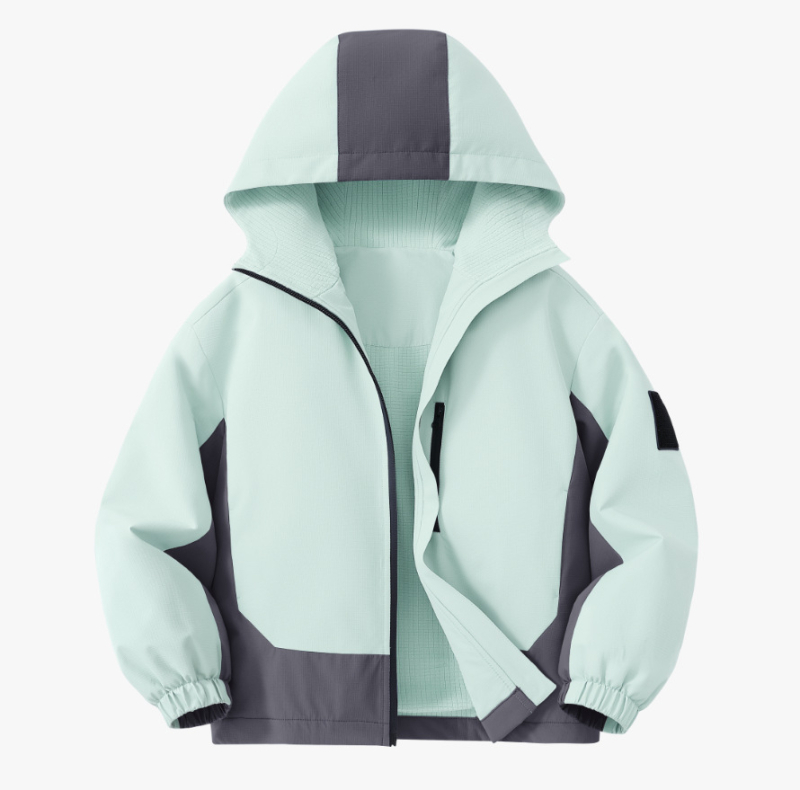 Bērnu ārējā jaka ar kapuci, ūdensnecaurlaidīga 1000 mm, vēja izturīga un siltumizturīga, 100% poliesteris