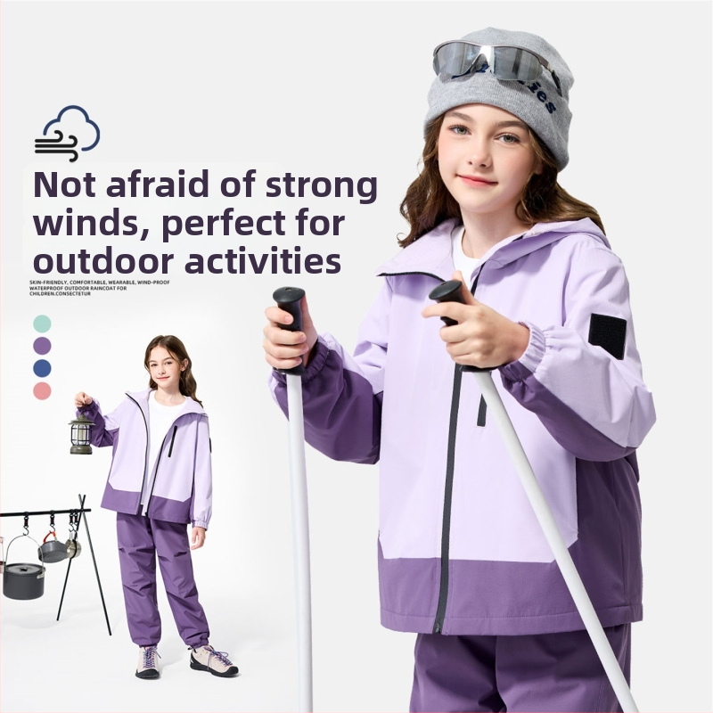 Bērnu ārējā jaka ar kapuci, ūdensnecaurlaidīga 1000 mm, vēja izturīga un siltumizturīga, 100% poliesteris