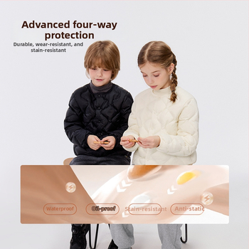 Bērnu pūkas jaka, universāla, neilona ārējais audums un odas iekšpuse, balta pīļu pūka 86–90%, bez kapuces, īss griezums