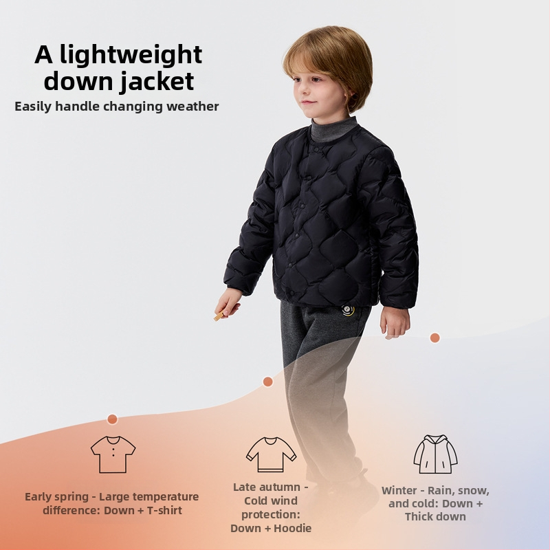 Bērnu pūkas jaka, universāla, neilona ārējais audums un odas iekšpuse, balta pīļu pūka 86–90%, bez kapuces, īss griezums