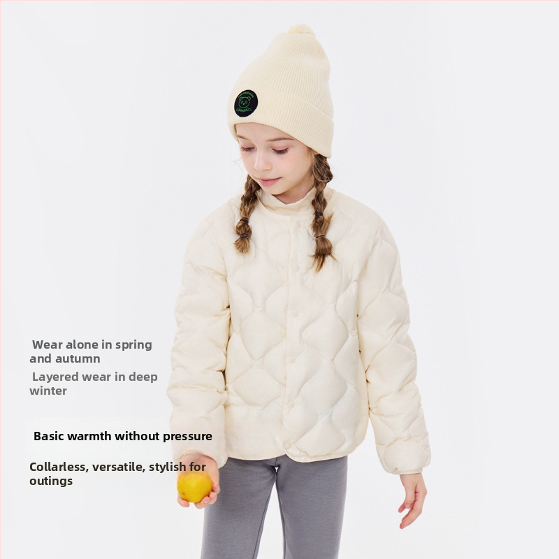 Bērnu pūkas jaka, universāla, neilona ārējais audums un odas iekšpuse, balta pīļu pūka 86–90%, bez kapuces, īss griezums