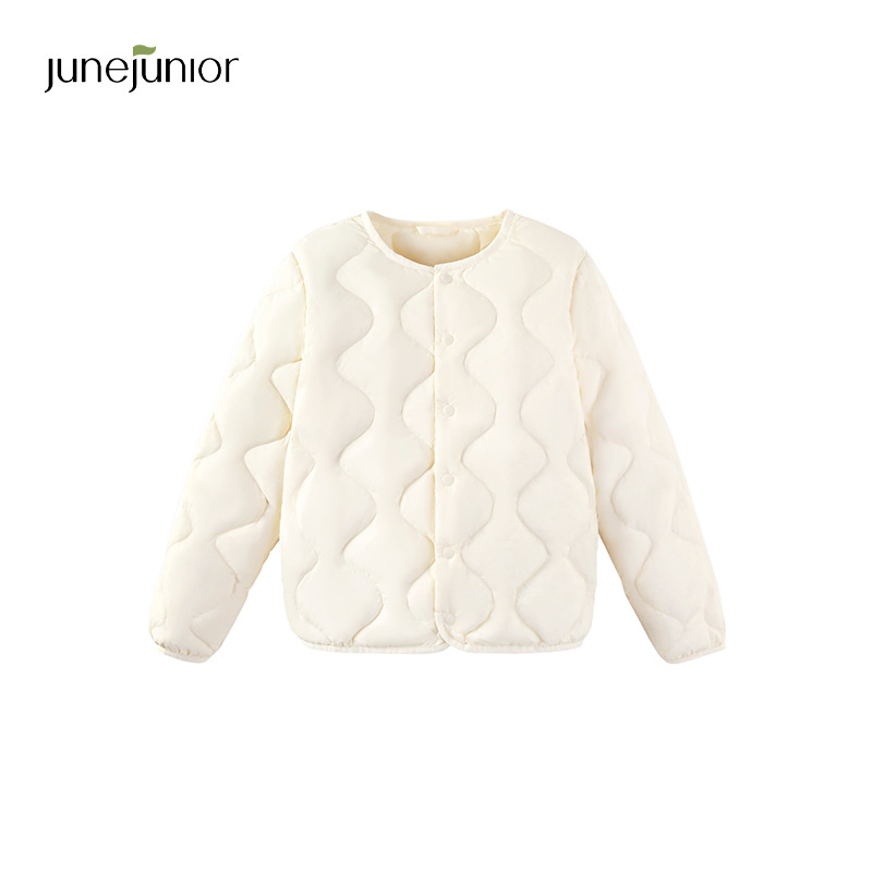 Bērnu pūkas jaka, universāla, neilona ārējais audums un odas iekšpuse, balta pīļu pūka 86–90%, bez kapuces, īss griezums