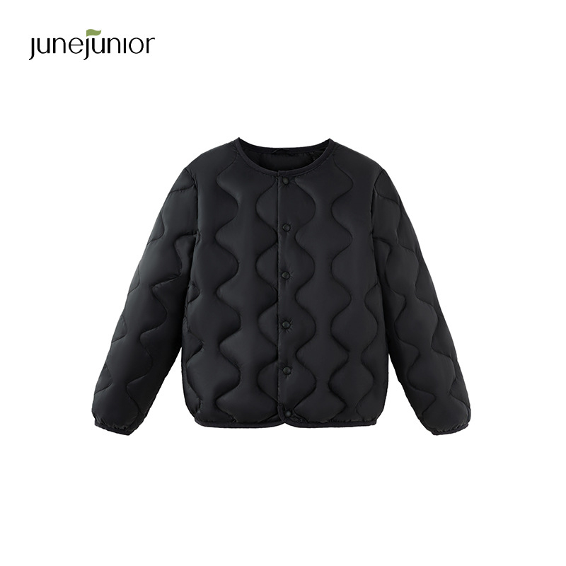 Bērnu pūkas jaka, universāla, neilona ārējais audums un odas iekšpuse, balta pīļu pūka 86–90%, bez kapuces, īss griezums