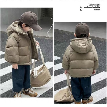 Bērnu kapucēta jaka korejiskā stilā, pildīta ar baltiem pīļu down 95%+, oderē no kokvilnas