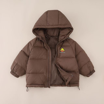 Bērnu kapucēta jaka korejiskā stilā, pildīta ar baltiem pīļu down 95%+, oderē no kokvilnas